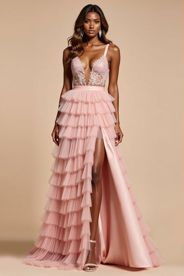 Blush Pink Lace A Line Tiered Long Prom Dress With Ruffles